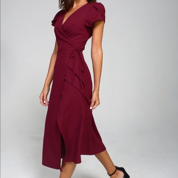 Last 1✨🆕Gracious Burgundy Midi Wrap Dress - Picture 3 of 7